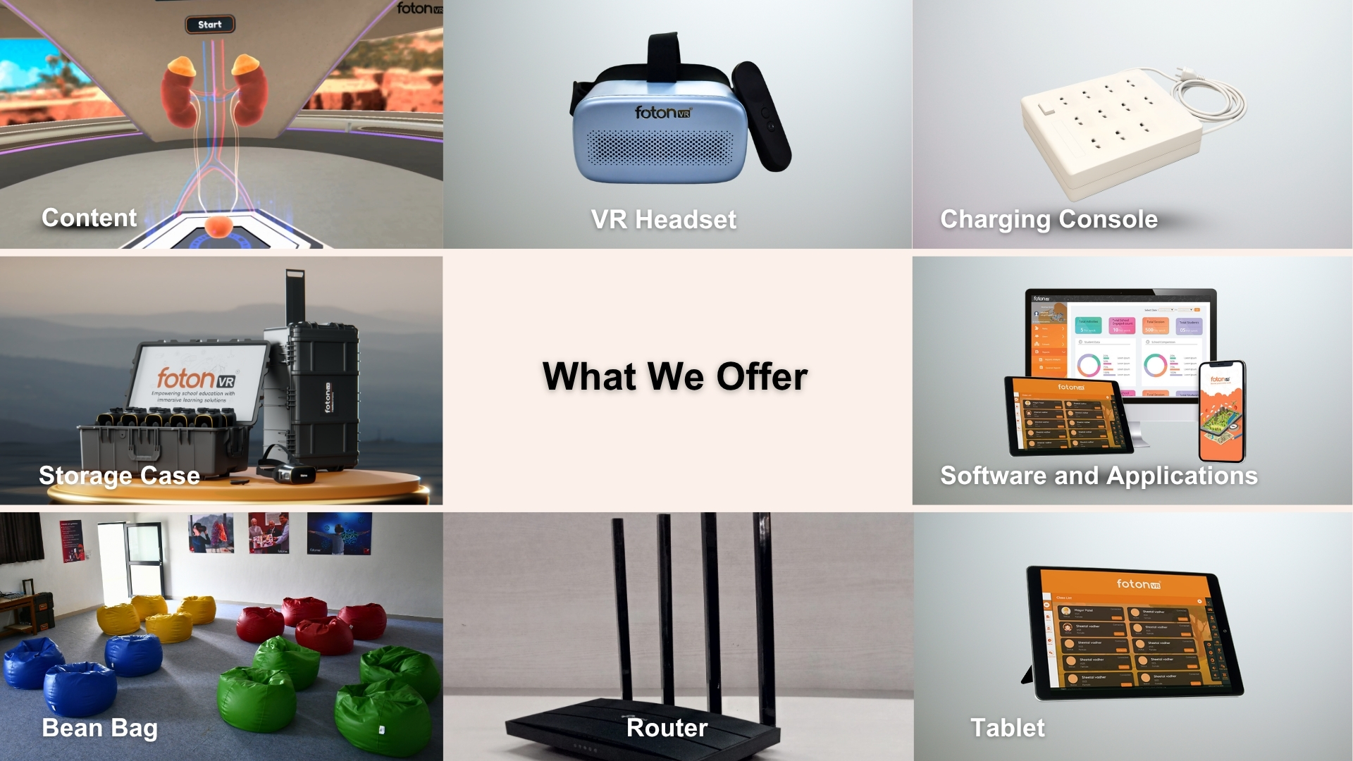 Complete fotonVR immersive learning ecosystem showing VR hardware, educational content and classroom learning tools